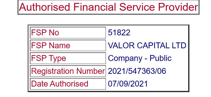 Record confirming that Valor Capital is authorized as a Financial Service Provider by the South African regulator.