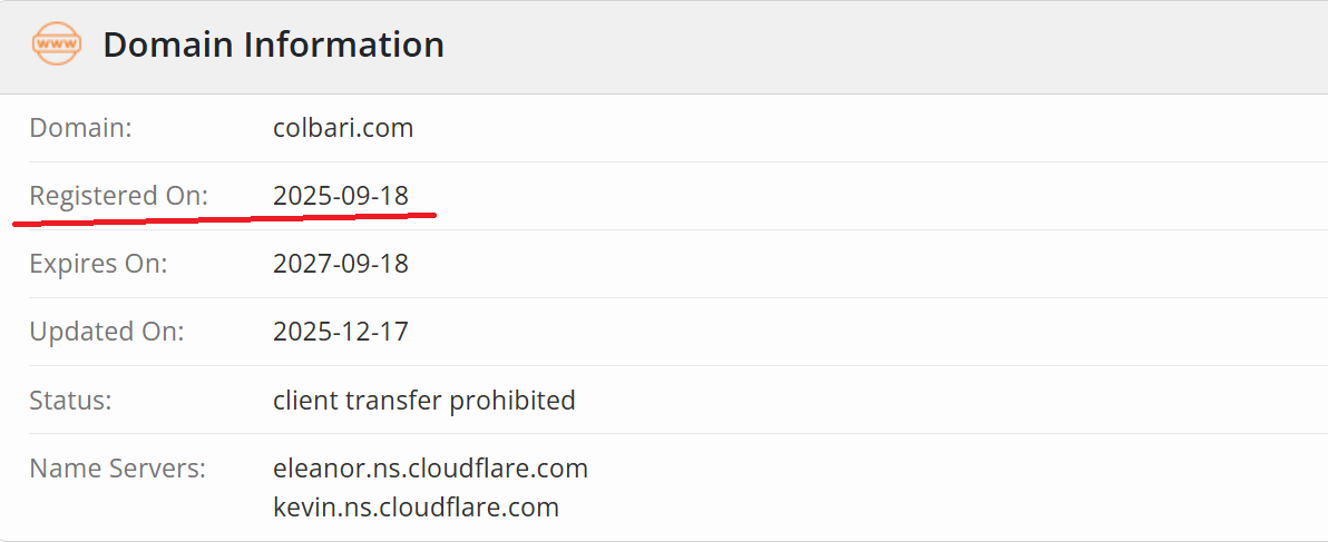 WHOIS data showing that the colbari.com domain was registered only in 2025.