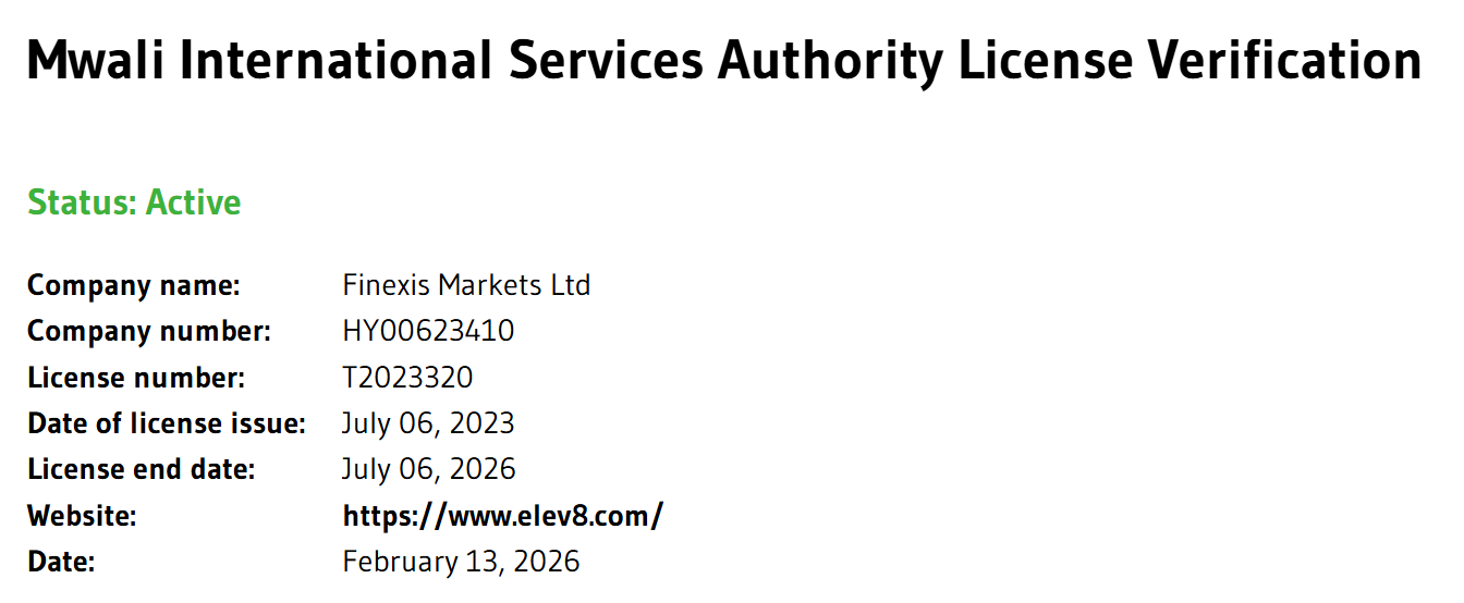 Details regarding the offshore license issued by the Mwali International Services Authority.
