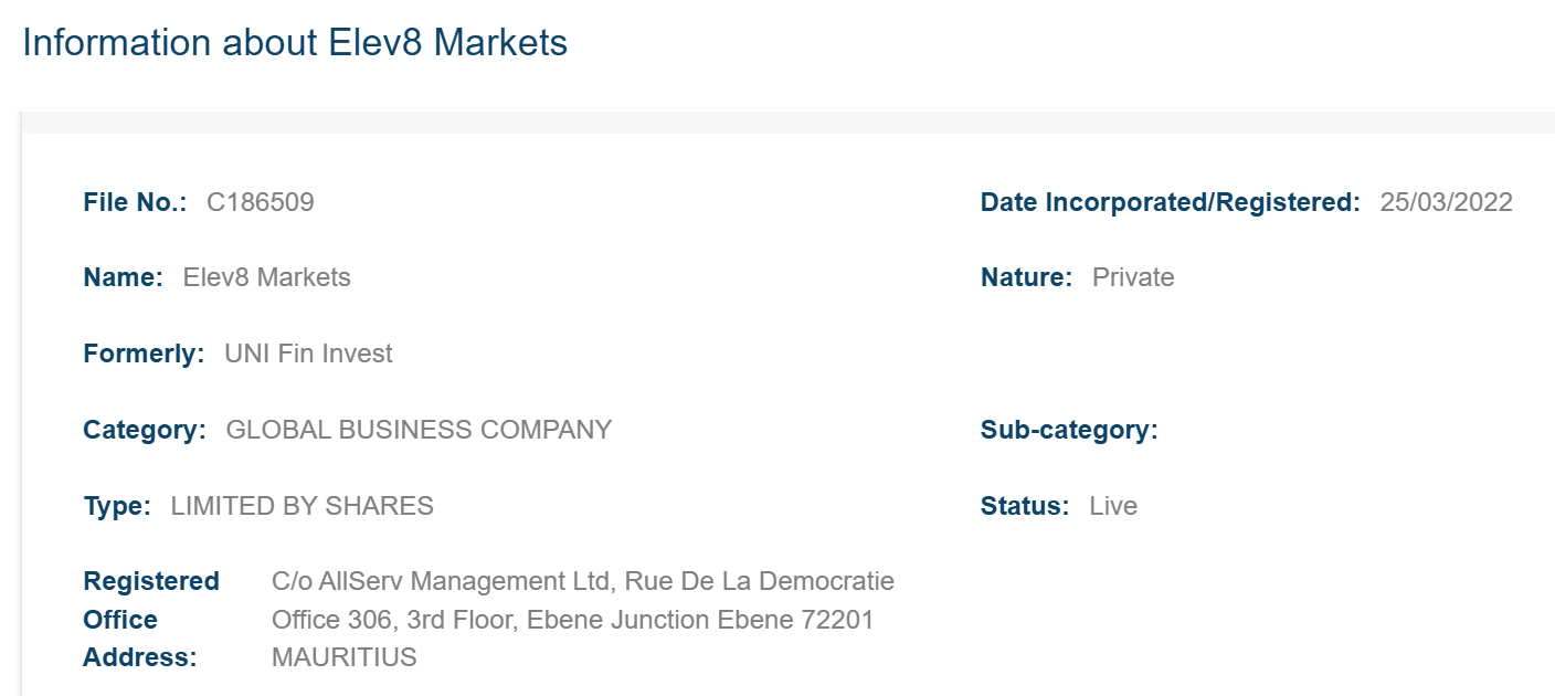 Confirmation of the Elev8 legal registration details.