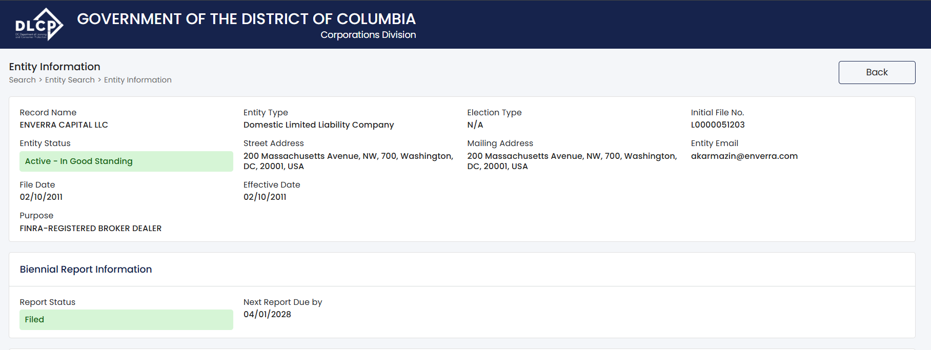 Screenshot of the DLCP database entry showing a company named Enverra Capital LLC registered in Washington, D.C.