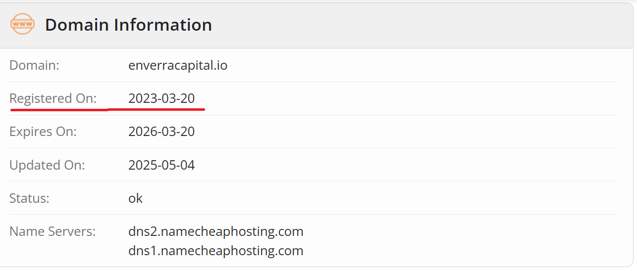 Screenshot of WHOIS information displaying the registration details of the enverracapital.io domain.