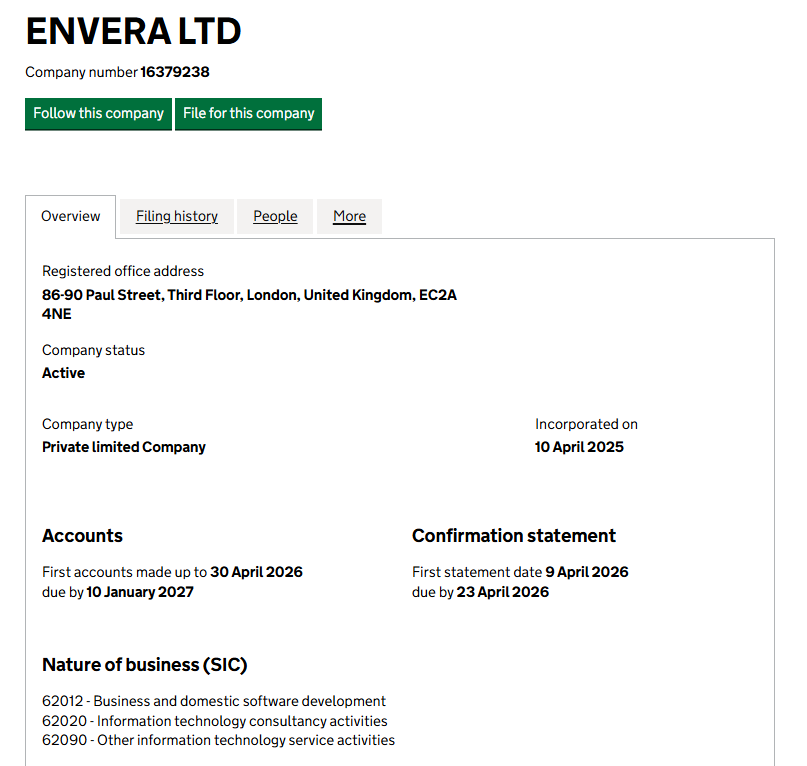 Screenshot of the UK Companies House record showing the registration details.