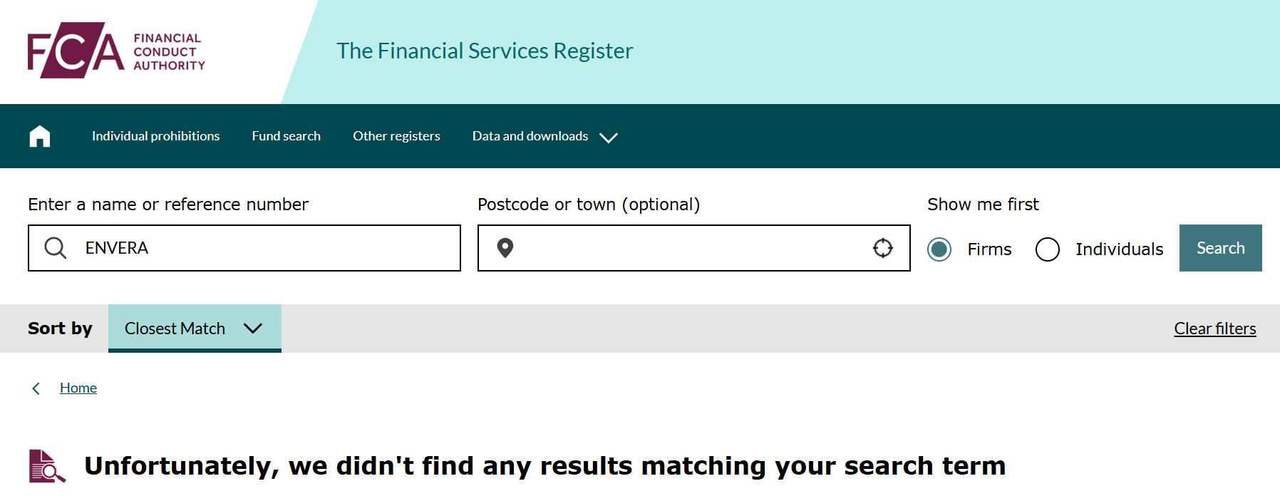 Screenshot of the FCA register search results showing no license issued to Enverra Capital.