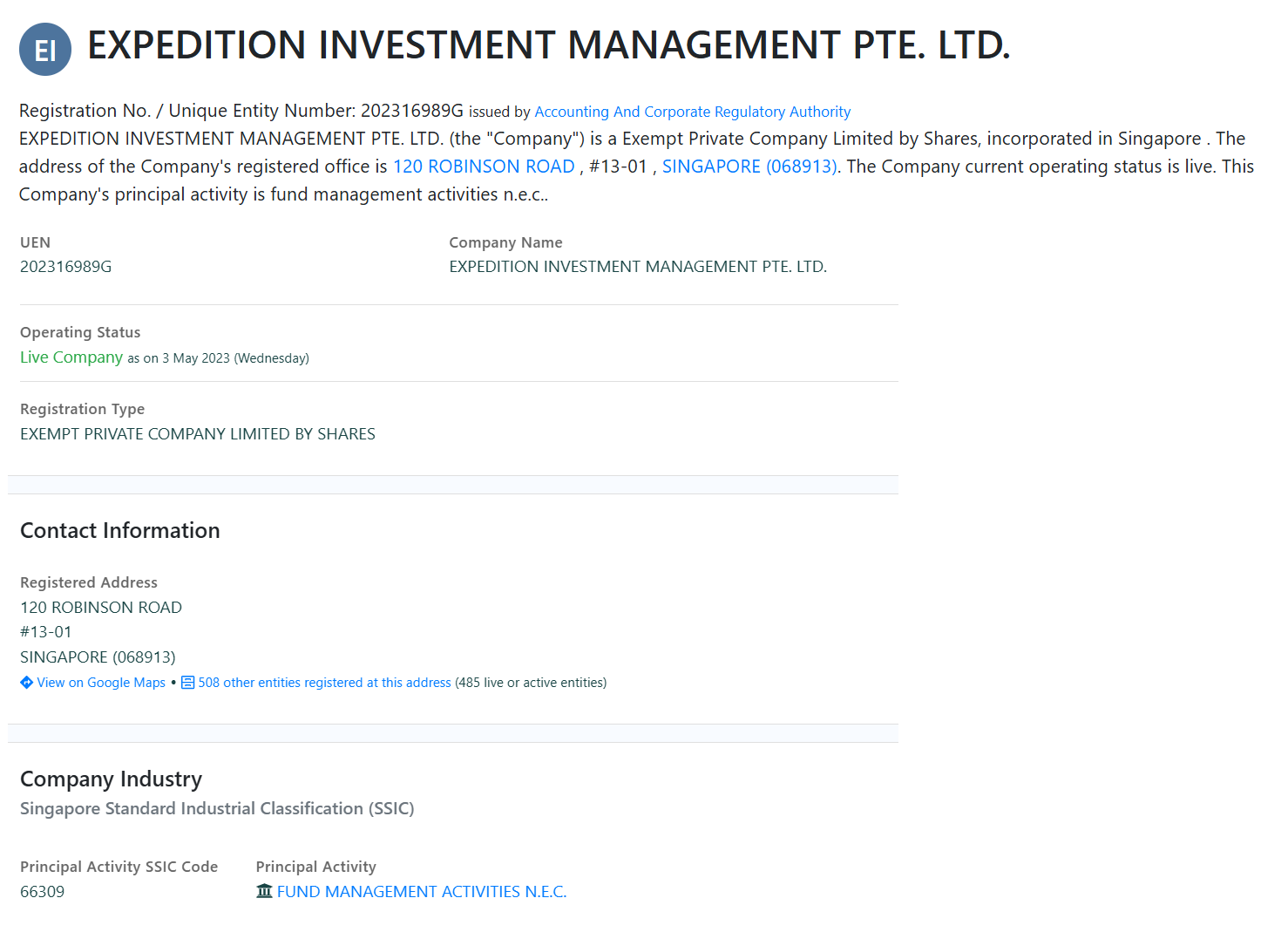 Official Singapore business registry record for Expedition Investment Management PTE LTD.