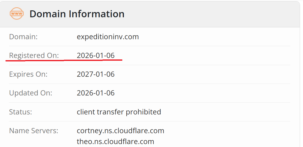 Whois records revealing the registration date and technical details of the expeditioninv.com domain.