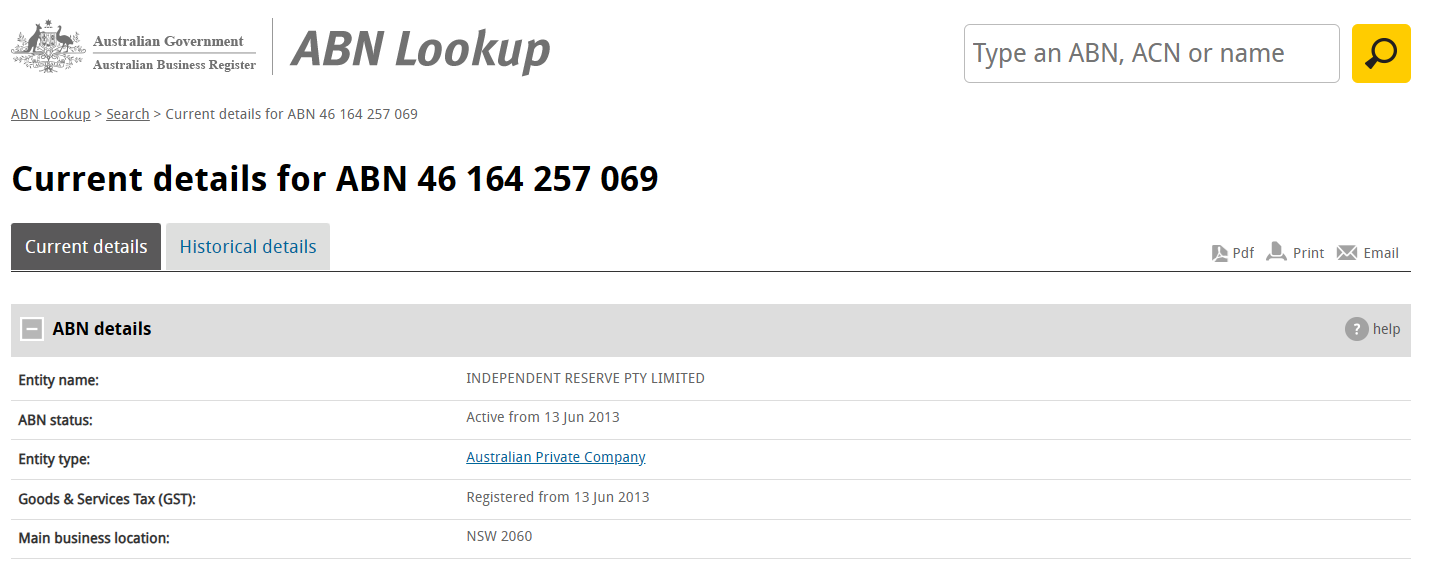 Independent Reserve Pty. Ltd. confirmed as active entity with ABN 46 164 257 069 in the Australian Business Register