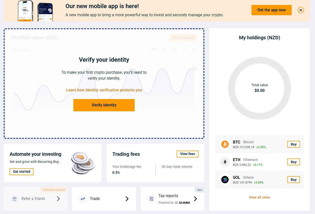 The independentreserve.com dashboard requires identity verification before any trading, showing portfolio value, live BTC/ETH/SOL prices in NZD, and a 0.5% brokerage fee