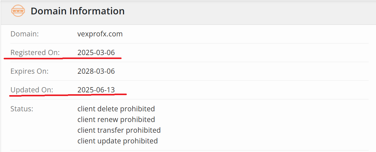WHOIS and domain registration data showing the launch timeline and ownership details of vexprofx.com.