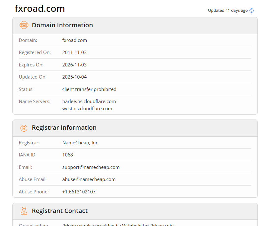 Data from an independent Whois service showing the fxroad.com first registration date in 2011.
