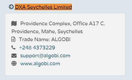 The company behind Algobi is listed as DXA Seychelles Limited registered at an address in Providence, Mahe, Seychelles