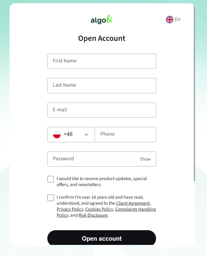 The Algobi account opening form requests only basic personal data with no email or phone verification step and no two-factor authentication option