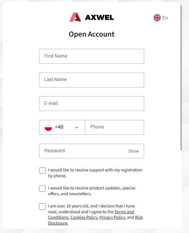 The sign-up form asks only for basic details and pre-frames marketing consent, letting anyone open a trading account within minutes