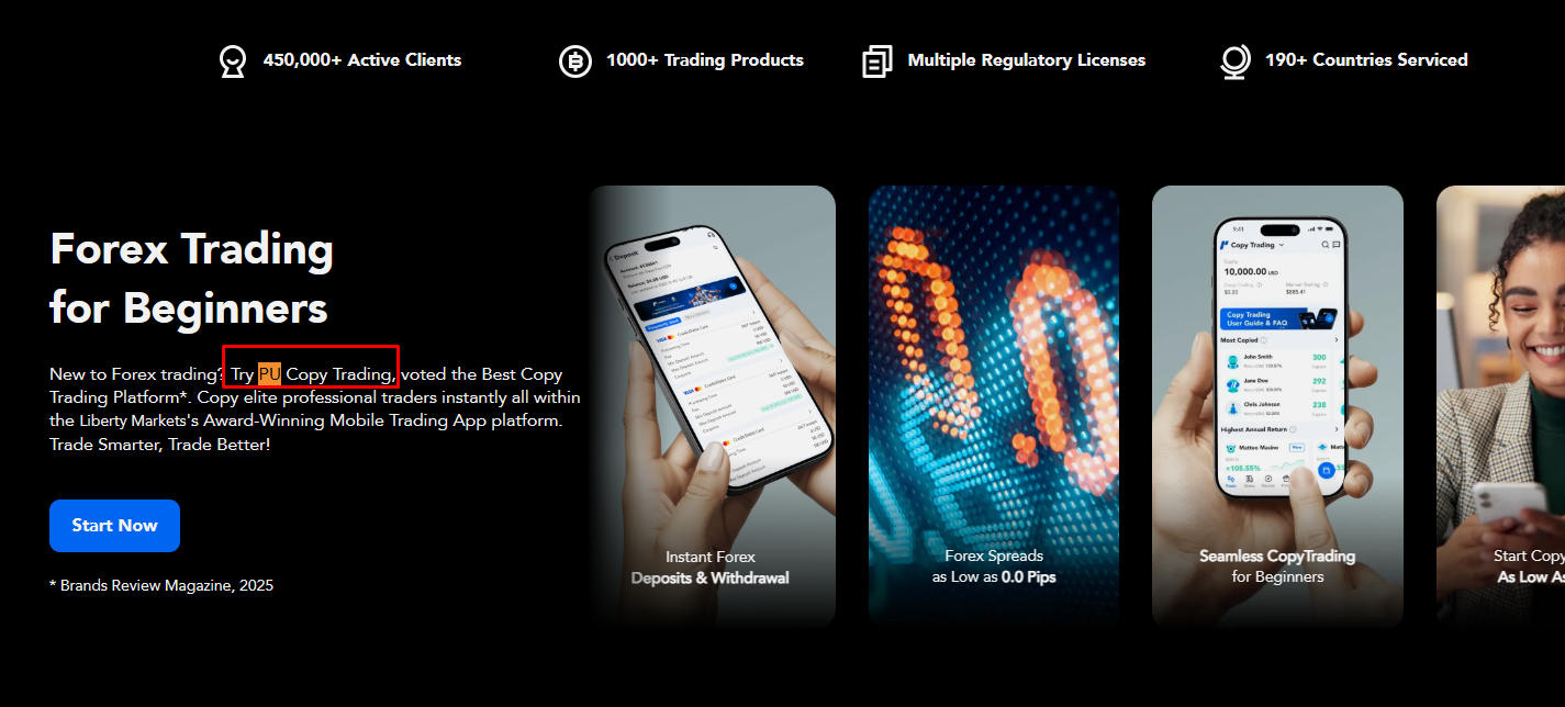 A promotional block on the Liberty Markets homepage where the copy-trading feature still carries rival broker PU Prime's original brand name