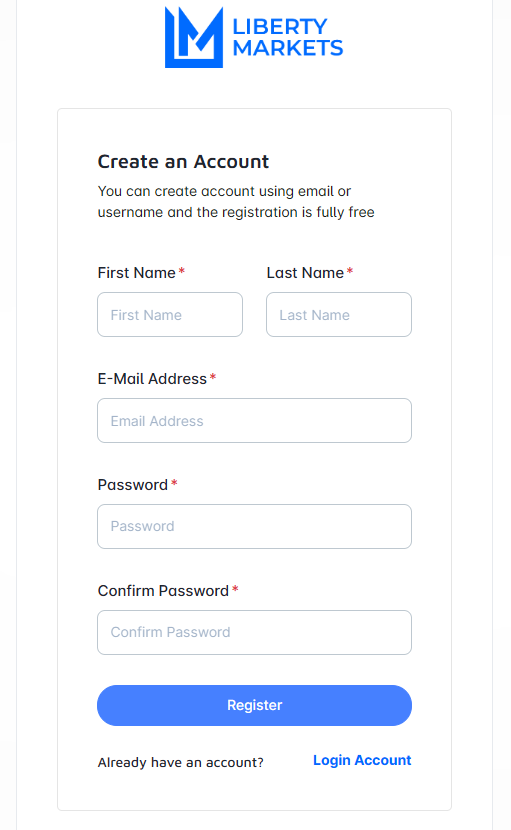 The sign-up page requests only a name, email and password, with no phone field or identity verification needed to open a trading account