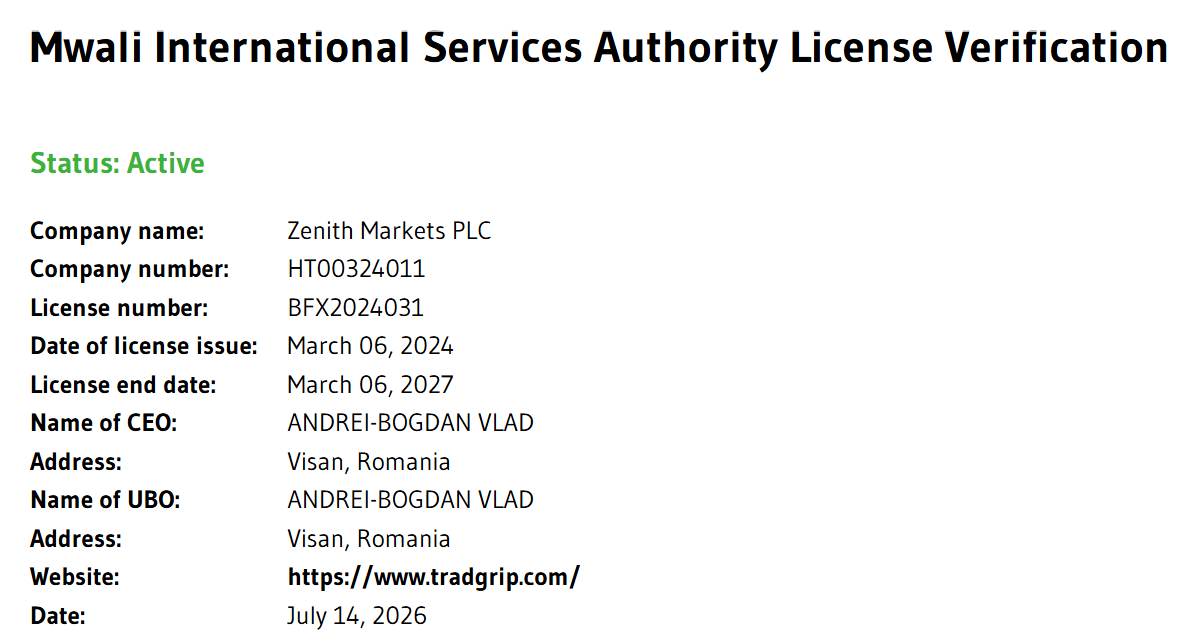 Information confirming TradGrip's MISA license and the regulatory details published by the broker.