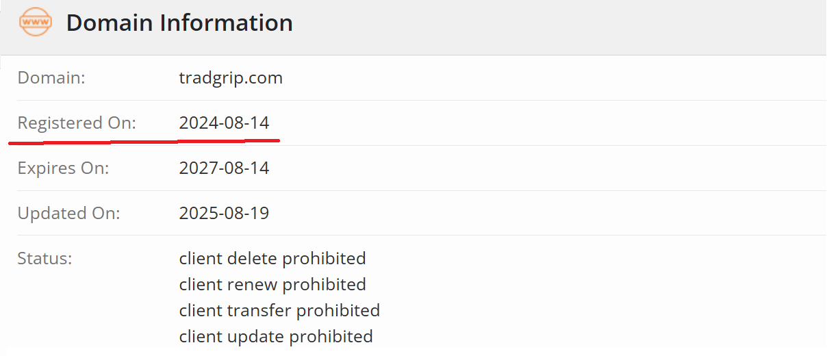 Domain registration details showing when the TradGrip website first appeared online.