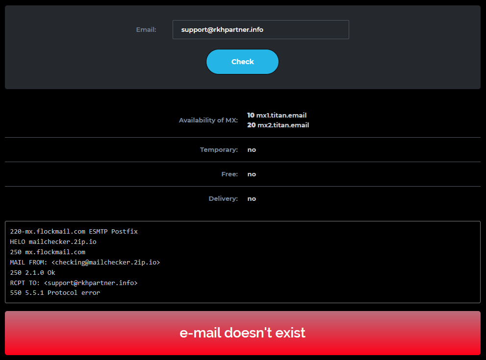 The mail server rejects the only published support address of RKH Partner Invest GmbH with error 550, confirming the mailbox does not exist