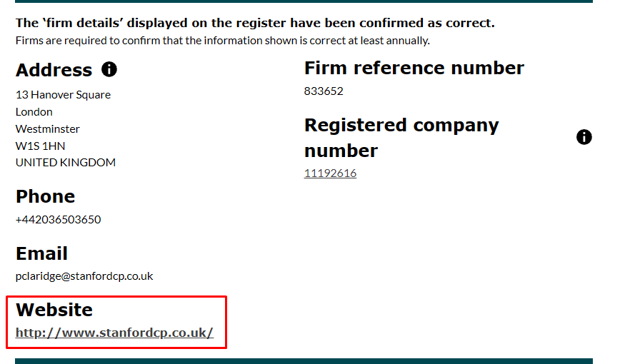Firm reference number 833652 is held by a London firm with a different company number, phone, and website than Stanford Capital shows