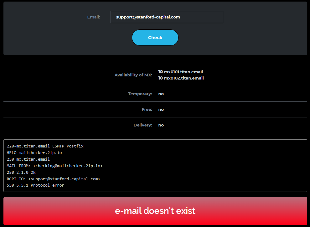 The SMTP validator returns a 550 error and reports that the support mailbox does not exist and cannot receive incoming messages