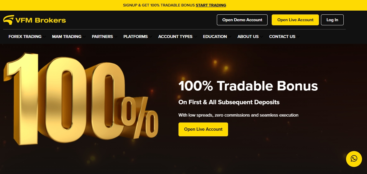 The vfmbrokers.com homepage, featuring advertising banners, promises of a unique trading experience, and a navigation menu