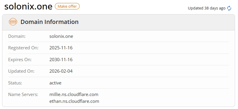 Technical details for the solonix.one domain, registered in 2025 with hidden owners