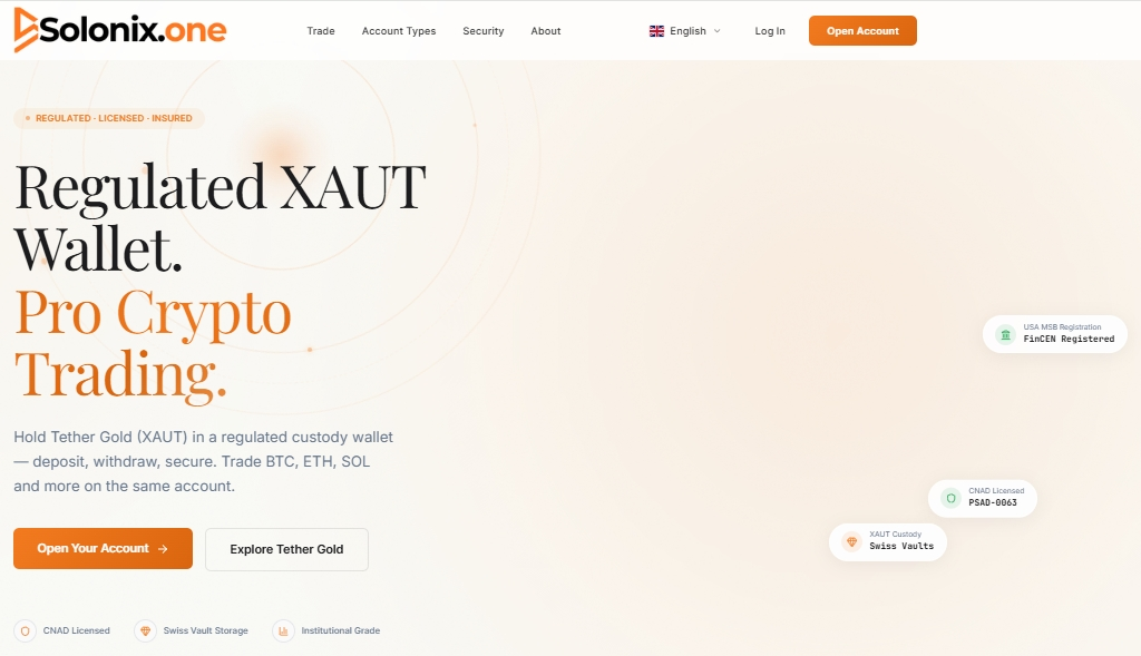 The Solonix.one homepage, featuring an invitation for customers to trade BTC, ETH, and SOL, along with a sign-up button
