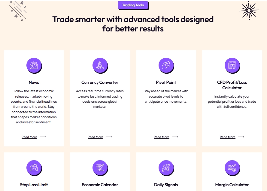 A page on the website advertising trading tools, featuring a built-in economic calendar, a currency converter, and other options for traders.