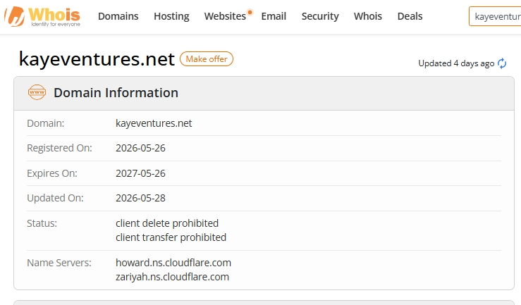 Results of a WHOIS lookup for the domain kayeventures.net, confirming that the site was registered in May 2026 with a validity period of exactly one year
