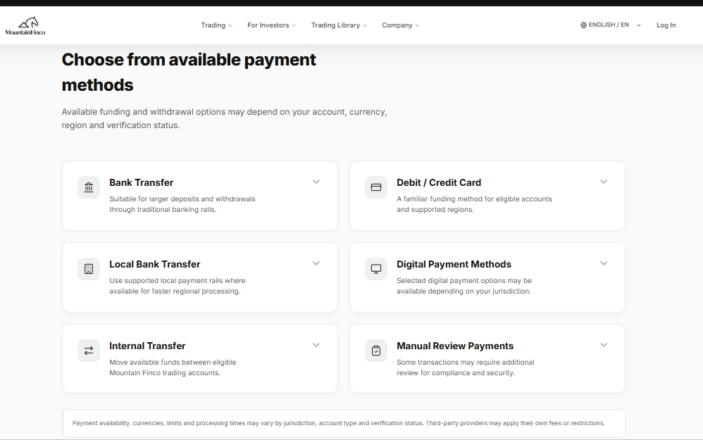 A page on the platform showing the available methods for depositing and withdrawing funds, with brief descriptions of each method
