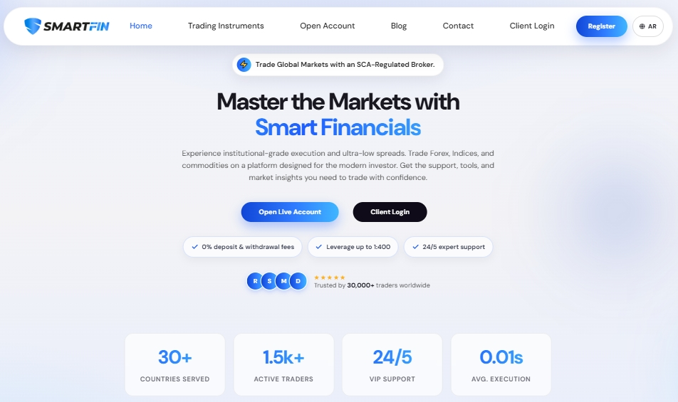 The Smartfin website's home page, which features advertising slogans about trading on global markets beneath a banner promoting a fake SCA license